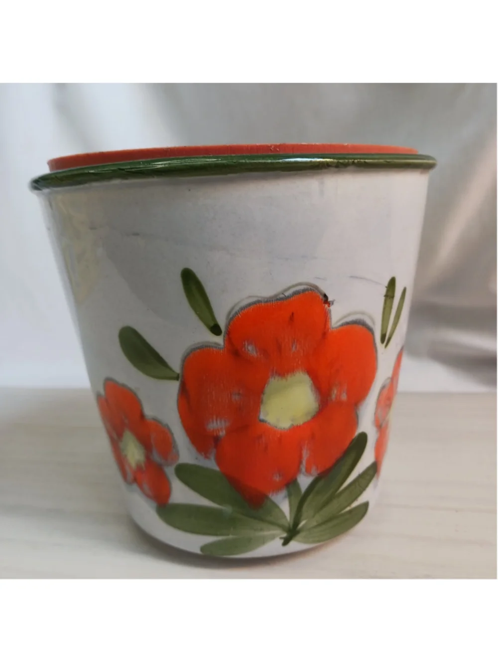VTG Hand-painted 1970s Floral Orange Flower Pot Planter 4.5